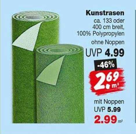 Kunstrasen ca. 133 oder 400 cm breit, 100% Polypropylen ohne Noppen