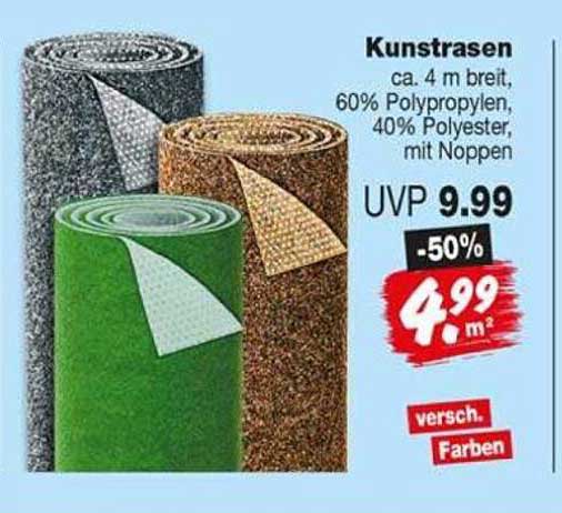 Kunstrasen ca. 4 m breit, 60% Polypropylen, 40% Polyester, mit Noppen