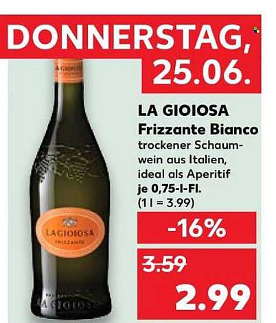 LA GIOIOSA Frizzante Bianco trockener Schaumwein aus Italien, ideal als Aperitif je 0,75-l-Fl.
