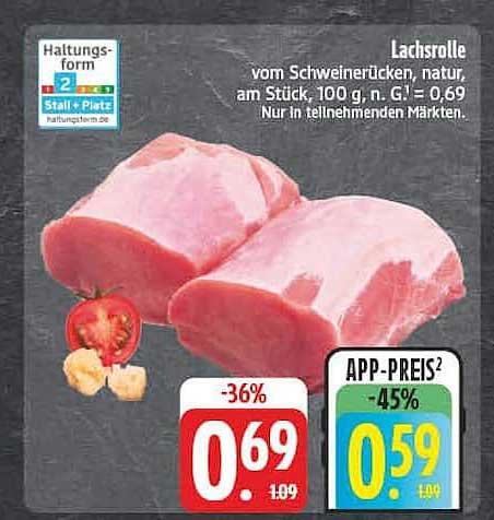 Lachsrrolle vom Schweinerücken, natur, am Stück, 100 g, n. G. = 0,69 Nur in teilnehmenden Märkten.