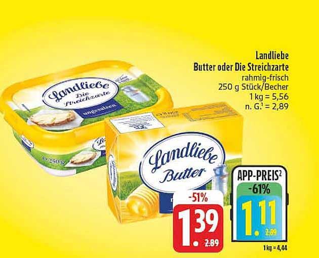 Landliebe Butter oder Die Streichzarte rahmig-frisch 250 g Stück/Becher