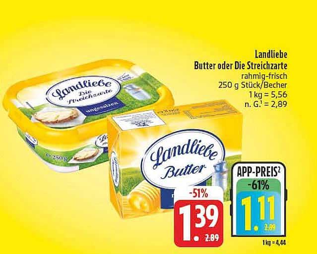 Landliebe Butter oder Die Streichzarte rahmig-frisch 250 g Stück/Becher