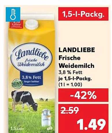 LANDLIEBE Frische Weidemilch 3,8 % Fett je 1,5-l-Pack. (1 l = 1.00)