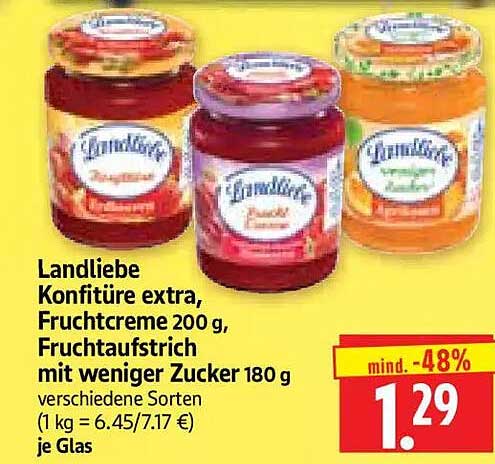 Landliebe Konfitüre extra, Fruchtcreme 200 g, Fruchtaufstrich mit weniger Zucker 180 g