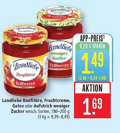 Landliebe Konfitüre, Fruchtcreme, Gelee oder Aufstrich weniger Zucker versch. Sorten, 180–200 g (1 kg = 9,39–8,45)
