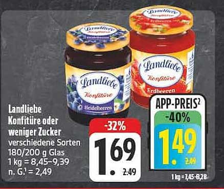 Landliebe Konfitüre oder weniger Zucker verschiedene Sorten 180/200 g Glas