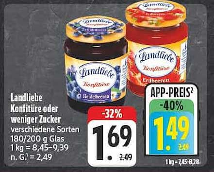Landliebe Konfitüre oder weniger Zucker verschiedene Sorten 180/200 g Glas