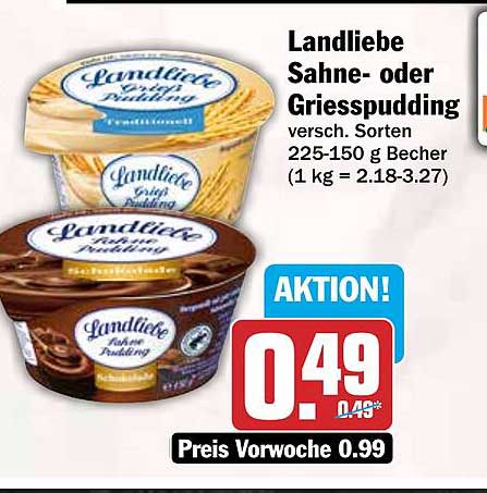 Landliebe Sahne- oder Grießpudding versch. Sorten 225-150 g Becher (1 kg = 2.18-3.27)