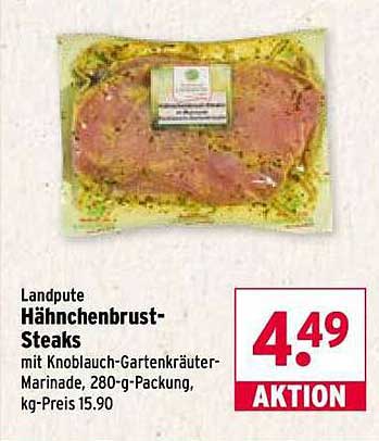 Landpute Hähnchenbrust-Steaks mit Knoblauch-Gartenkräuter-Marinade, 280-g-Packung, kg-Preis 15.90