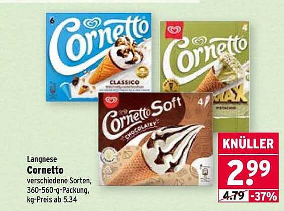 Langnese Cornetto verschiedene Sorten, 360-560-g-Packung, kg-Preis ab 5.34