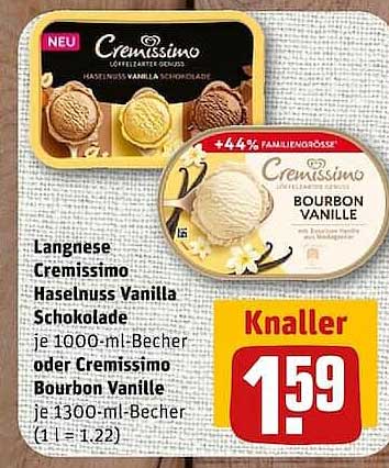 Langnese Cremissimo Haselnuss Vanille Schokolade je 1000-ml-Becher oder Cremissimo Bourbon Vanille je 1300-ml-Becher