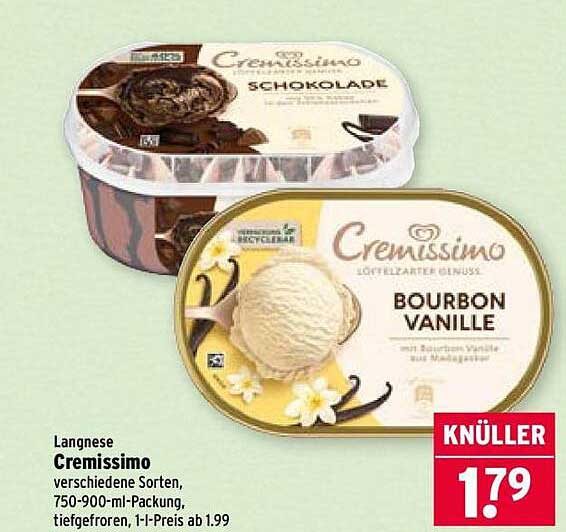 Langnese Cremissimo verschiedene Sorten, 750-900-ml-Packung, tiefgefroren, 1-l-Preis ab 1.99