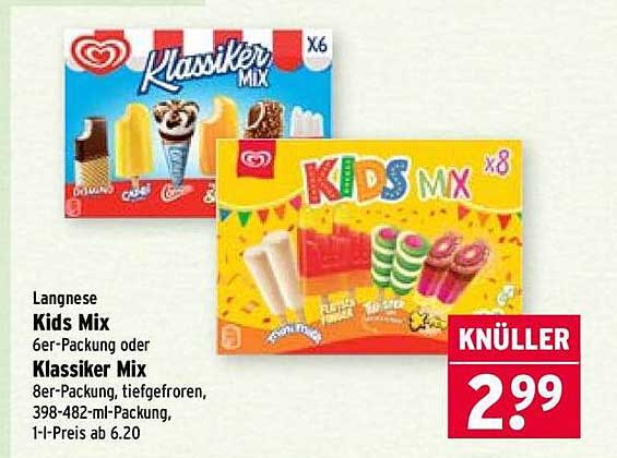 Langnese Kids Mix 6er-Packung oder Klassiker Mix 8er-Packung, tiefgefroren, 398-482-ml-Packung, 1-L-Preis ab 6.20