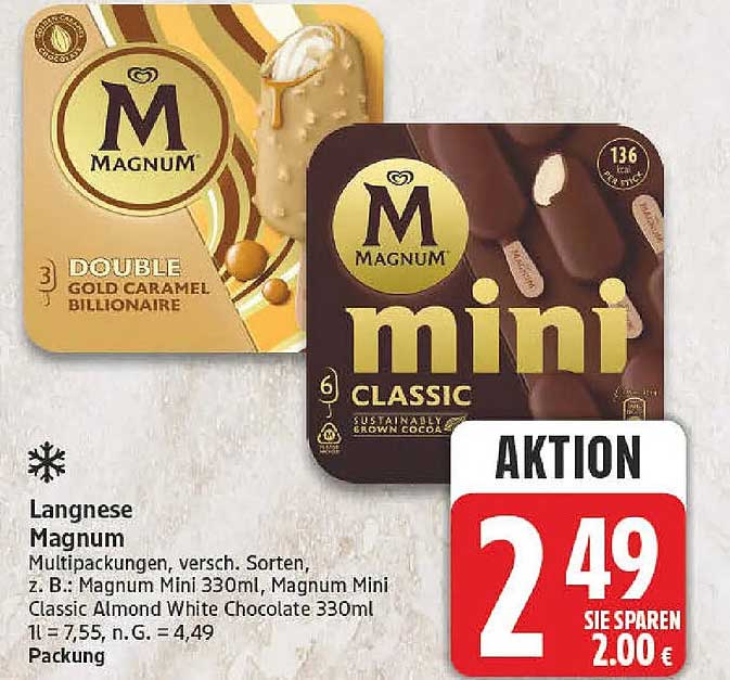 Langnese Magnum Multipackungen, versch. Sorten, z. B.: Magnum Mini 330ml, Magnum Mini Almond White Chocolate 330ml 1l = 7,55, n. G. = 4,49 Packung