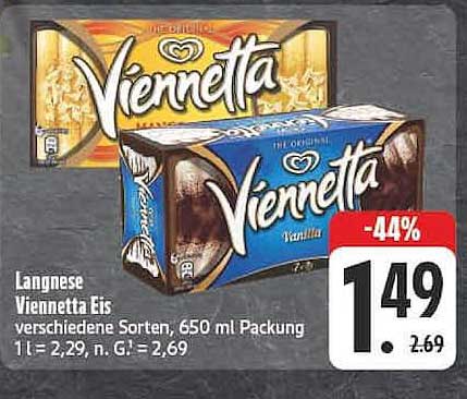 Langnese Viennetta Eis verschiedene Sorten, 650 ml Packung 1 l = 2,29, n. G. = 2,69