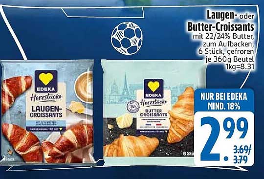 Laugen- oder Butter-Croissants mit 22/24% Butter, zum Aufbacken, 6 Stück, gefroren je 360g Beutel 1kg=8.31