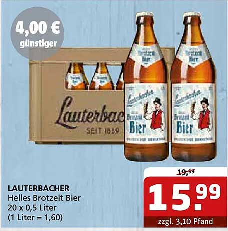 LAUTERBACHER Helles Brotzeit Bier 20 x 0,5 Liter (1 Liter = 1,60)