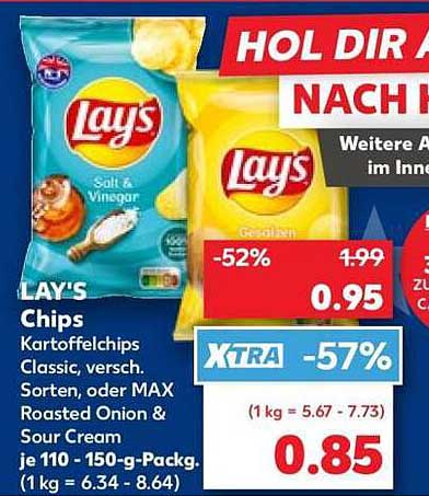 LAY'S Chips Kartoffelchips Classic, versch. Sorten, oder MAX Roasted Onion & Sour Cream je 110 - 150-g-Packg.