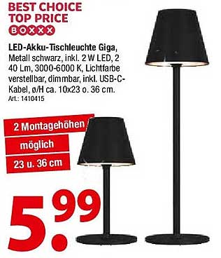 LED-Akku-Tischleuchte Giga, Metall schwarz, inkl. 2 W LED, 2,4 W, 3000-6000 K, dimmbar, inkl. USB-C-Kabel, Ø/H ca. 10x23 o. 36 cm. Art.: 1410415
