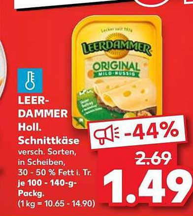 LEERDAMMER Holl. Schnittkäse versch. Sorten, in Scheiben, 30 - 50 % Fett i. Tr. je 100 - 140-g-Packg. (1 kg = 10.65 - 14.90)