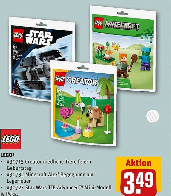 LEGO3 #30715 Creator niedliche Tiere feiern Geburtstag #30732 Minecraft Alex' Begegnung am Lagerfeuer #30727 Star Wars TIE Advanced™ Mini-Modell je Pckg.