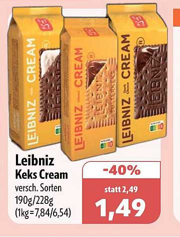 Leibniz Keks Cream versch. Sorten 190g/228g (1kg=7,84/6,54)
