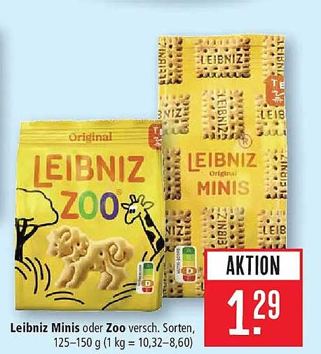 Leibniz Minis oder Zoo versch. Sorten, 125–150 g (1 kg = 10,32–8,60)