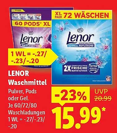 LENOR Waschmittel Pulver, Pods oder Gel. Je 60/72/80 Waschladungen. 1 WL = -.27/-.23/-.20