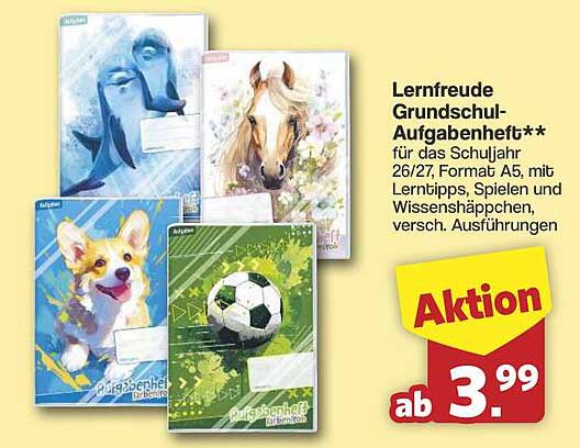 Lernfreude Grundschul-Aufgabenheft** für das Schuljahr 26/27. Format A5, mit Lerntipps, Spielen und Wissenspäppchen, versch. Ausführungen