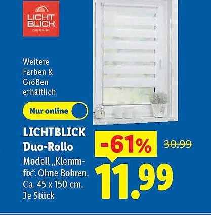 LICHTBLICK Duo-Rollo Modell „Klemm-fix“. Ohne Bohren. Ca. 45 x 150 cm. Je Stück