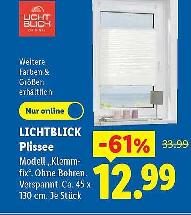 LICHTBLICK Plissee Modell „Klemm-fix“. Ohne Bohren. Verspannt. Ca. 45 x 130 cm. Je Stück