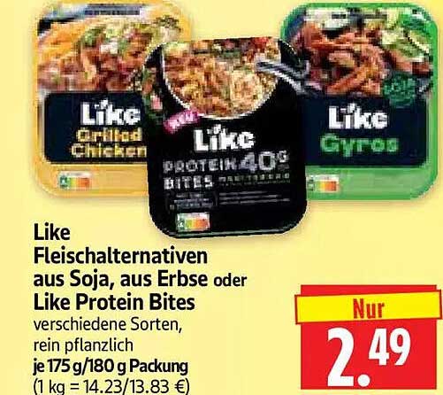 Like Fleischalternativen aus Soja, aus Erbse oder Like Protein Bites