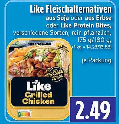 Like Fleischalternativen aus Soja oder aus Erbse oder Like Protein Bites, verschiedene Sorten, rein pflanzlich, 175 g/180 g, (1 kg = 14.23/13.83) je Packung
