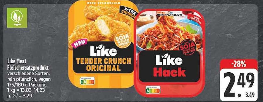 Like Meat Fleischersatzprodukt verschiedene Sorten, rein pflanzlich, vegan 175/180 g Packung 1 kg = 13,83-14,23