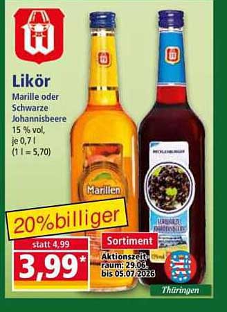 Likör Marille oder Schwarze Johannisbeere 15 % vol. je 0,7 l