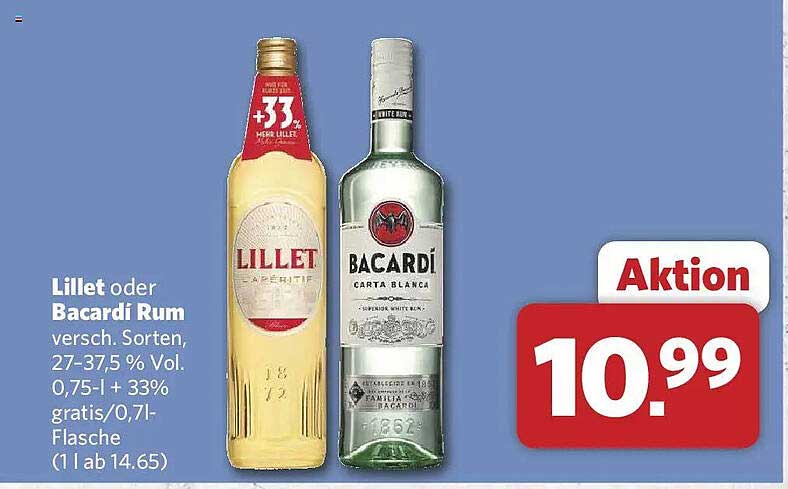 Lillet oder Bacardi Rum versch. Sorten, 27–37,5 % Vol. 0,75-l + 33% gratis/0,7-l-Flasche