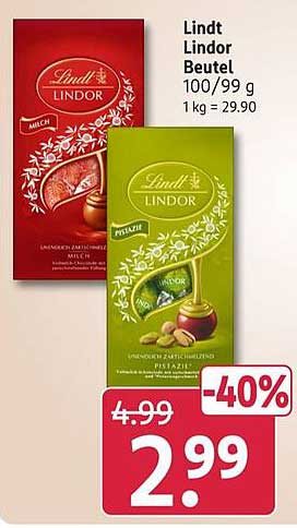 Lindt Lindor Beutel 100/99 g 1 kg = 29.90