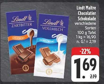Lindt Maitre Chocolatier Schokolade verschiedene Sorten 100 g Tafel 1 kg = 16,90 n. G. 1 = 2,19