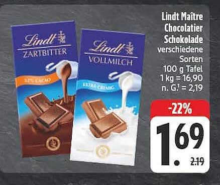 Lindt Maître Chocolatier Schokolade verschiedene Sorten 100 g Tafel 1 kg = 16,90 n. G.: 2,19
