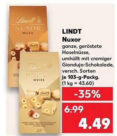 LINDT Nuxor ganze, geröstete Haselnüsse, umhüllt mit cremiger Gianduja-Schokolade, versch. Sorten je 103-g-Packg. (1 kg = 43.60)
