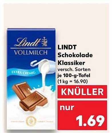 LINDT Schokolade Klassiker versch. Sorten je 100-g-Tafel (1 kg = 16.90)