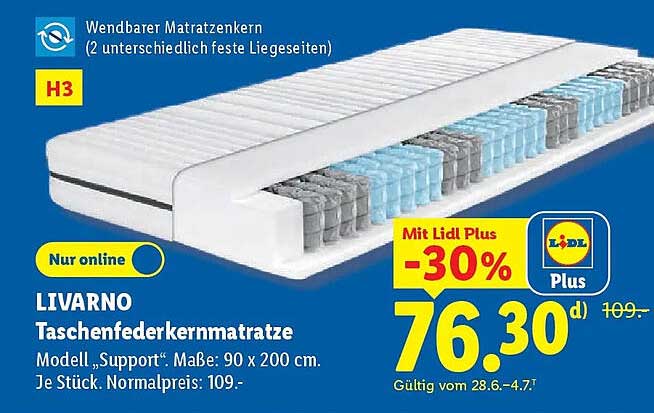LIVARNO Taschenfederkernmatratze Modell „Support“. Maße: 90 x 200 cm. Je Stück. Normalpreis: 109.-