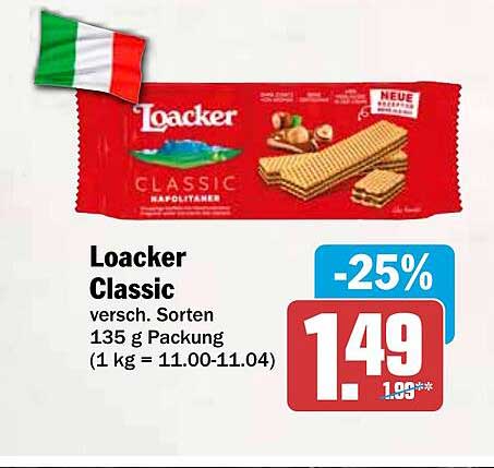 Loacker Classic versch. Sorten 135 g Packung (1 kg = 11.00-11.04)