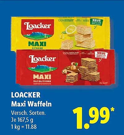 LOACKER Maxi Waffeln Versch. Sorten. Je 167,5 g 1 kg = 11.88