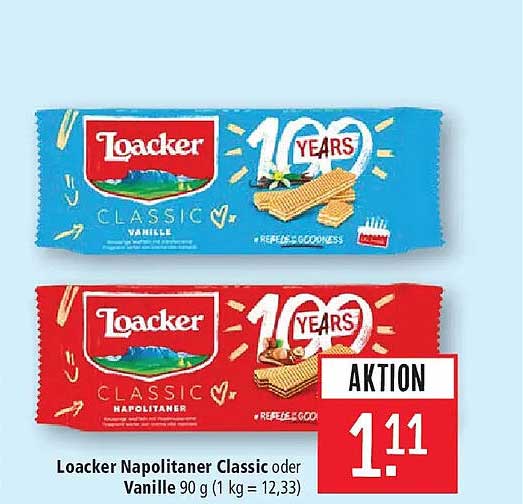 Loacker Napolitaner Classic oder Vanille 90 g (1 kg = 12,33)