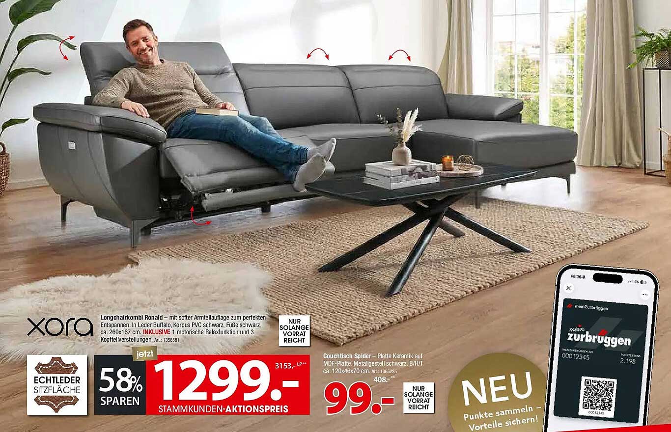 Longchairkombi Ronald – mit softer Armteilleauflage zum perfekten Entspannen. In Leder Buffalo, korpus PVC schwarz, Füße schwarz, ca. 269x167 cm. INKLUSIVE 1 motorische Relaxfunktion und 3 Kopfteilverstellungen. Art.: 1358581