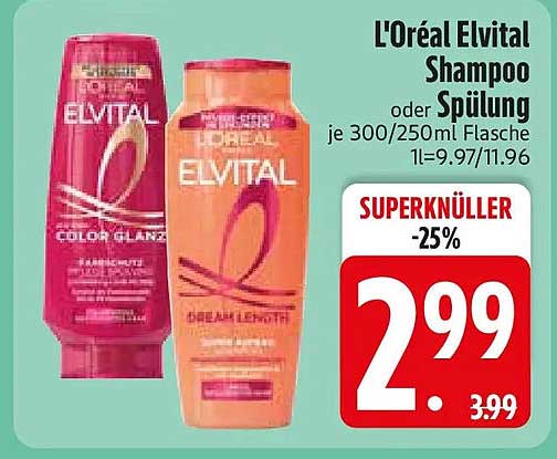 L’Oréal Elvital Shampoo oder Spülung je 300/250ml Flasche 1l=9.97/11.96 SUPERKNÜLLER -25%