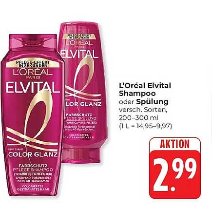L’Oréal Elvital Shampoo oder Spülung versch. Sorten, 200–300 ml (1 L = 14,95–9,97)