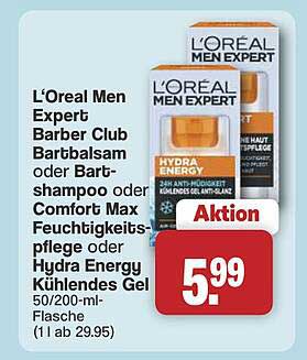 L'oreal Men Expert Barber Club Bartbalsam oder Bart-shampoo oder Comfort Max Feuchtigkeits-pflege oder Hydra Energy Kühlendes Gel 50/200-ml-Flasche (1 l ab 29.95)