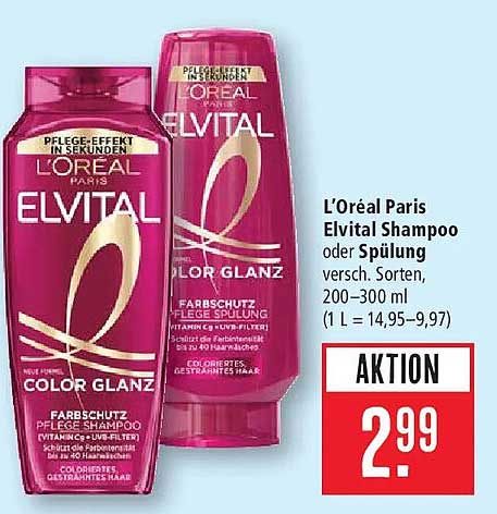 L’oréal Paris Elvital Shampoo oder Spülung versch. Sorten, 200–300 ml (1 L = 14,95–9,97)